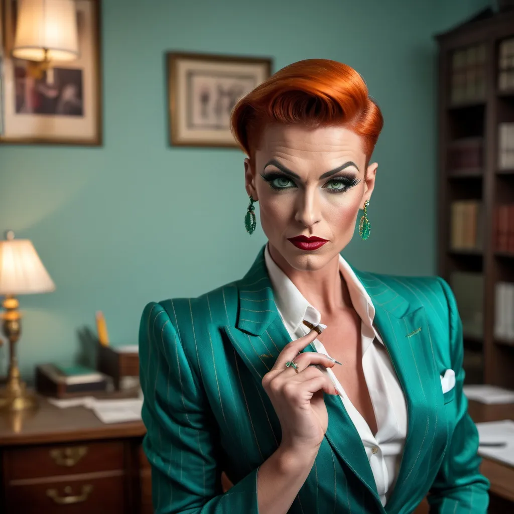 Prompt: Beautiful muscular 35-year-old European drag queen with short silky dark orange hair, piercing green eyes, strong masculine jawline and brow features, upturned brows, white silk blouse, teal pin-striped blazer & matching pencil skirt, teal pumps, standing in a shabby 1930s office, holding a lit cigarette, wisps of smoke, film noire ambiance, high detail & quality, incandescent light, 8k, cinematic photo.