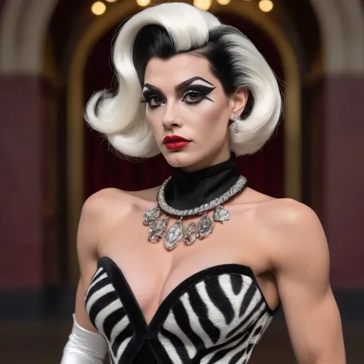 Prompt: A hyper realistic, gorgeous, muscular 25-year-old Czechian drag queen (masculine jawline and brow facial features) bodybuilder dressed as Cruella in Gucci dress, very detailed and accurated 64k quality HD 3D outfit