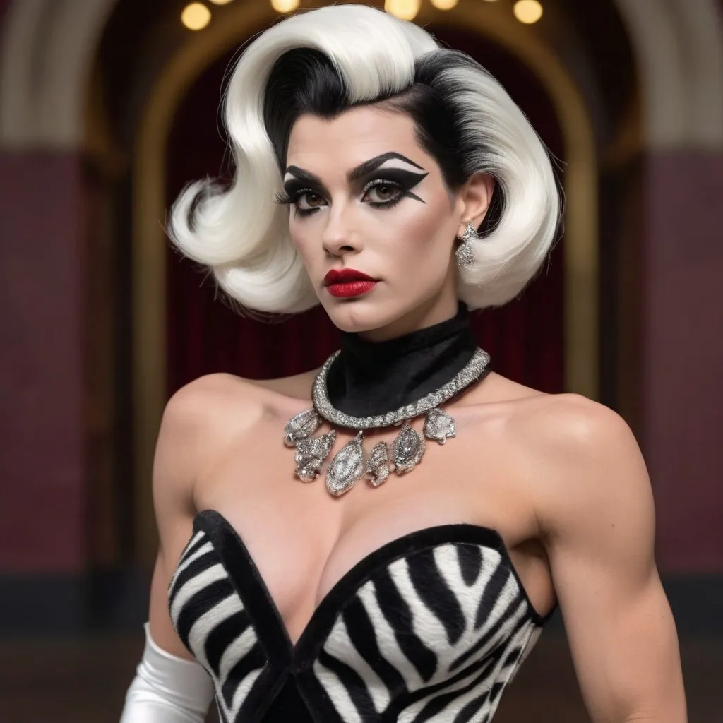 Prompt: A hyper realistic, gorgeous, muscular 25-year-old Czechian drag queen (masculine jawline and brow facial features) bodybuilder dressed as Cruella in Gucci dress, very detailed and accurated 64k quality HD 3D outfit