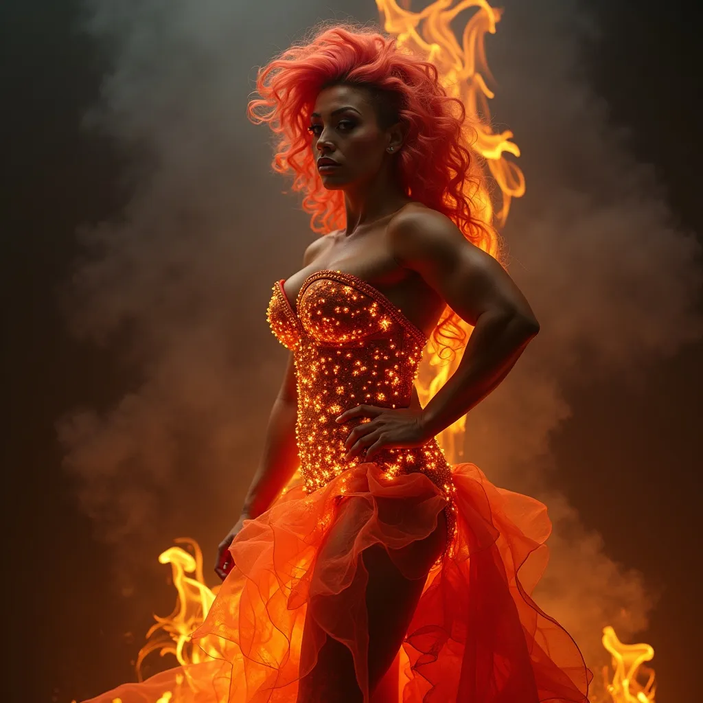 Prompt: Gorgeous muscular 35-year-old French drag queen bodybuilder made of smoke and fire. Wearing a gown of lava.