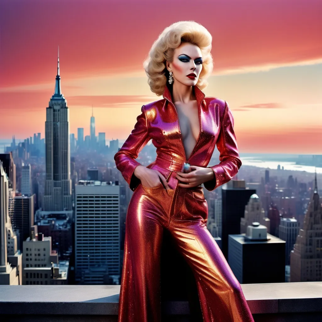 Prompt: Clint Eastwood dressed as a 25-year-old gorgeous drag queen Madonna posing on the ledge of a building, high above NYC.