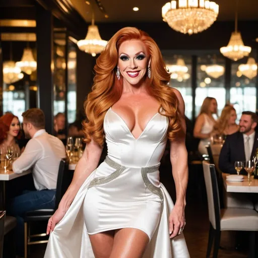 Prompt: Beautiful happy smiling European drag queen bodybuilder age 25, ridiculously long flowing ginger hair, huge busom, perfect face, wearing a white satin dress, mini skirt, 8 inch stiletto high heel shoes , highly detailed, 8K photo, standing in a crowded upscale restaurant, fill light