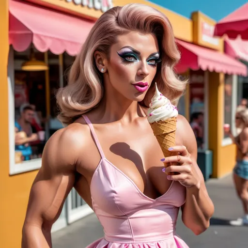 Prompt: photorealistic head to toe picture of gorgeous muscular 25-year-old French drag queen bodybuilder with large busom enjoying her ice cream on a hot day wearing a dress with cute shoes 