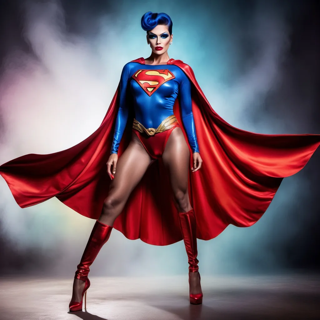 Prompt: If superman was a gorgeous supermodel drag queen (full length photo) with long muscular legs