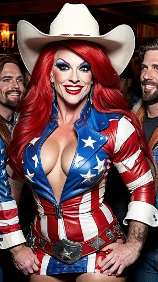 Prompt: Rear view of a Beautiful patriotic drag queen bodybuilder in (US Flag jacket, US Flag miniskirt), cowboy hat & boots, very long red hair, dark eyeshadow, heavy mascara, 
Dark red lipstick, crowded country & western bar, smiling, flawless face, high-res, looking back over her shoulder, pro photo, vibrant, western style, detailed background, professional lighting, American flag colors