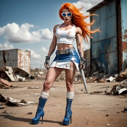 Prompt: ethereal atmosphere, post apocalyptic battleground, gorgeous ultra-muscular 25-year-old French drag queen bodybuilder with bright orange hair, wearing distressed blue and white miniskirt, machete, sunglasses, 8 inch stiletto high heel combat boots, highres, ethereal, pastel tones, post-apocalyptic, detailed eyes, distressed fashion, professional, atmospheric lighting, combat boots, detailed portrait,