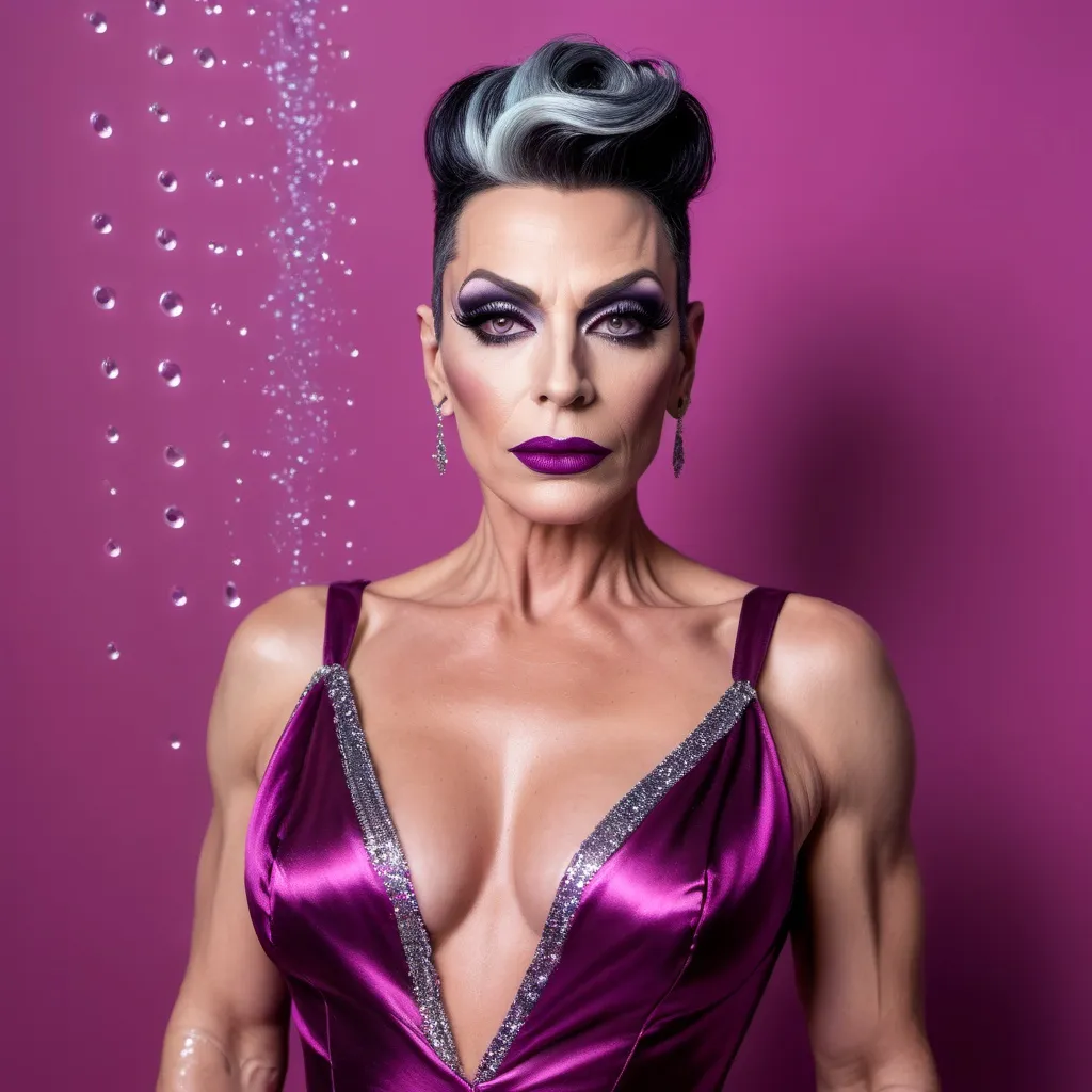 Prompt: The image is a full body portrait of a gorgeous muscular 45-year-old French drag queen with dark graying updo hair, dark eyeshadow,  and dark lipstick (with strong masculine jawline and brow) posing in a magenta satin dress. She is standing in front of a white wall with water droplets cascading down it. The dress is made of a shiny, satin-like material and has a high neckline with a lace overlay. The drag queen is wearing large, dangling earrings. She has a gold clutch in her hand and is looking directly at the camera with a serious expression. The overall mood of the image is elegant and sophisticated.