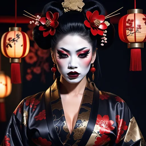 Prompt: (Gorgeous, muscular, goth,  geisha, drag queen bodybuilder), intricate dark makeup, traditional kimono with dark floral patterns, incredible detailing on clothes, perfect make-up, sharp fangs over blood red lips.  contrasting with lace elements, haunting ambiance, shadows reflecting cold moonlight, mysterious surgical precision in fabric details, mystical aura exuding sensuality, lush dark red and black tones, (ultra-detailed), (4K), dark, terrifying yet enchanting and chilling atmosphere in a Japanese grave yard, courtly surroundings filled with ethereal allure.