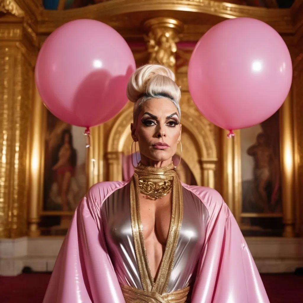 Prompt: a gorgeous muscular 35-year-old British drag queen (strong masculine jawline and brow features) wearing a wrap around robe standing on an altar in a golden decorated temple-like room, behind her are pink inflatable balloons, there is light from above and it looks like she is washed by the golden light, 