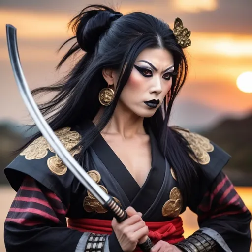 Prompt: A gorgeous muscular 35-year-old Japanese drag queen Samurai (dark eye makeup, dark lipstick, big busom, and dark black hair) wearing a traditional ancient Samurai Yorkie and holding a katana in each hand in a battle stance. 13th century Japan at sunset.