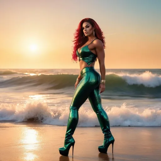 Prompt: An ultra-realistic higly detailed 64k digital photograph of a gorgeous muscular 25-year-old Portuguese drag queen bodybuilder with 8 inch stiletto knee-high boots walking away, down by the sea at sunset with a sea wave
