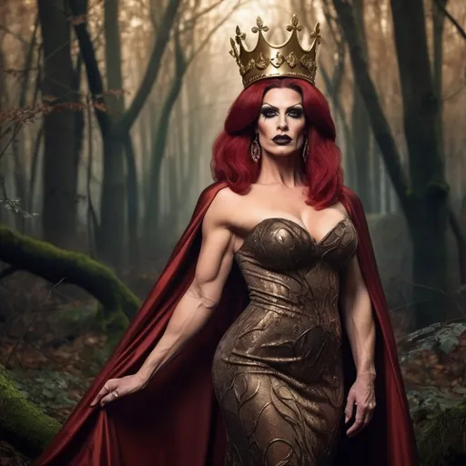 Prompt: a gorgeous muscular 35-year-old British drag queen bodybuilder princess with big busom, dark red matte lipstick, and burnt irange hair wearing a  bronze and gold gown standing in a forest with a crown on her head and a cloak over her head, Dirk Crabeth, gothic art, fantasy style, a storybook illustration