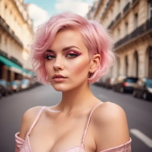 Prompt: Glamour photography of gorgeous 25-year-old czechian woman with huge busom and short pink pixie hair wearing Glamour makeup in paris in the style of Guy Aroch