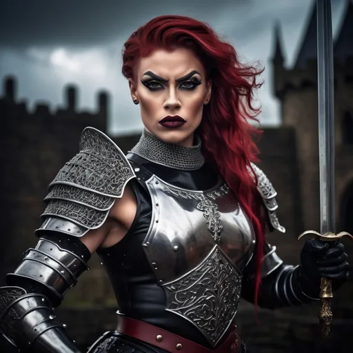 Prompt: A gorgeous muscular 25-year-old British drag queen (medieval knight), (black armor), gripping sword in hand, fierce expression (strong masculine jawline and brow features), dramatic pose, intricate armor details, dark and moody color palette, dark eyeshadow and dark red lipstick, cinematic lighting, highly detailed, stormy background, strong and powerful presence, evokes a sense of bravery and strength, captivating and intense atmosphere, ultra-detailed, 4K resolution, ready for battle. Full body view