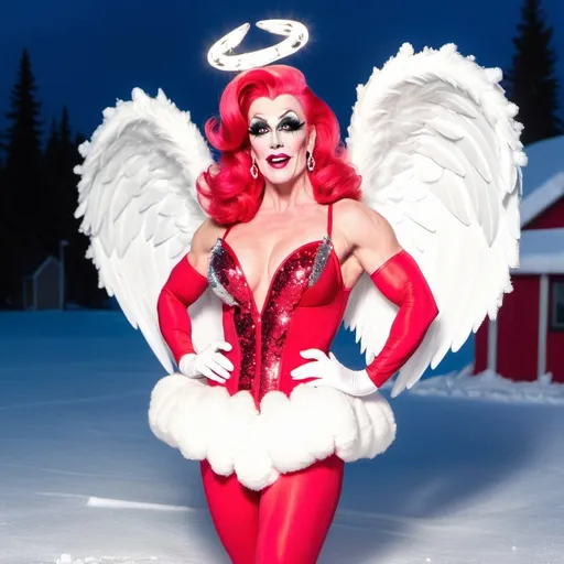 Prompt: Snow Angel dressed up as a gorgeous muscular Wisconsin drag queen. Posing at the north pole at night. 