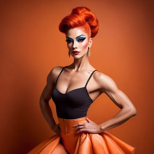 Prompt: (a strong and determined gorgeous drag queen (long updo dark orange hair, strong masculine jawline and brow)), ballet pose, focused expression, vibrant background, bright and uplifting colors, warm and optimistic atmosphere, stylish yet modest clothing (long muscular legs), representing hard work and perseverance, soft lighting enhancing emotions, conveying love, high-quality, ultra-detailed, heartwarming scene.