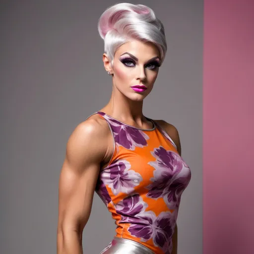 Prompt: Mod casual top, 1966, fashionable for gorgeous ultra-muscular 25-year-old Czechian drag queen bodybuilder, short silver and pink swept over stylish hair, sassy, iconic, modest, timeless, boho chic, floral, bright, orange, aubergine