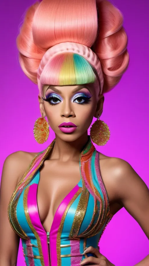 Prompt: Don Knotts dressed up as Nicki Minaj, dressed in a (bold 80s glam rock Balmain outfit), vibrant colors, high wattage (dramatic makeup), striking accessories, playful pose, heavy makeup,  luxurious textures, glamorous lighting, retro vibes, bold style, intricate patterns, (highly detailed), vibrant backdrop, mood of confidence and empowerment, ultra-detailed, 4K quality.