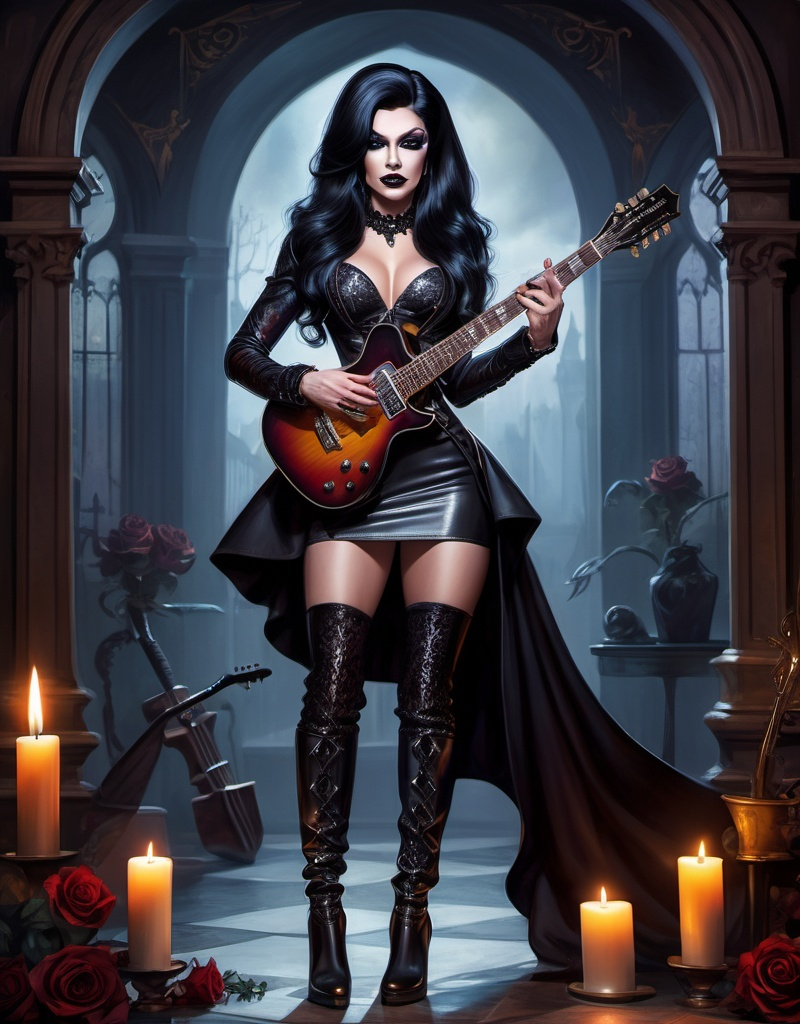 Prompt: Imagine a gorgeous muscular 25-year-old Latvian drag queen playing a guitar by candlelight, dark eye makeup, dark lipstick, long black shiny hair, 8 inch stiletto high heel thigh-high boots, Anne Stokes, gothic art, adobe photoshop, computer graphics