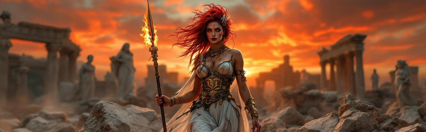 Prompt: 
A fierce and stunning goddess- drag queen standing atop ancient ruins at dawn, with the aura of a wild Amazon and the elegance of a Greek deity. She wears a tattered white Greek gown mixed with animal furs and golden armor fragments. Her hair is red, windswept, and wild, adorned with feathers and bone ornaments. Her eyes burn with divine rage, and blood smears her cheek from battle. In one hand, she holds a broken spear, in the other, a flaming torch. The sky behind her is blood-red, and broken marble statues lie shattered at her feet. She is both sacred and savage — a goddess of war and beauty reborn. Cinematic lighting, professional photography, shallow depth of field, ultra-realistic detail, 4K.