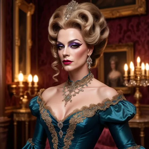 Prompt: (elegant 1600s gorgeous muscular British drag queen (masculine jawline and brow features)), historically accurate gown, adorned with intricate lace, lavish sparkling jewelry, (soft warm lighting), standing in a beautifully designed parlor, rich color tones, opulent decor, (highly detailed textures), saturated hues, atmospheric elegance, inviting ambiance, (4K ultra-detailed), artistry that captures the essence of wealth and sophistication.