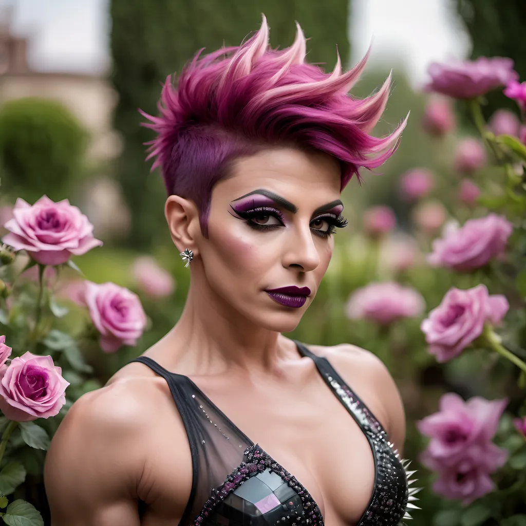 Prompt: Gorgeous muscular 35-year-old Syrian drag queen bodybuilder with short spiky magenta hair, dark eyeshadow,  and dark lipstick wearind a short, airy transparent dress, flowing in a flower garden. Professional photography, bokeh, natural lighting, canon lens, shot on dslr 64 megapixels sharp focus