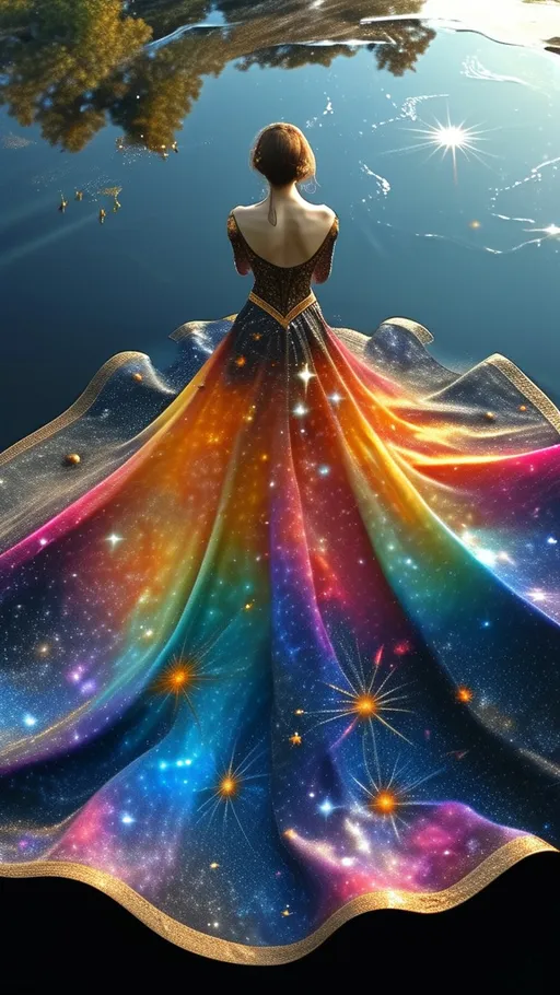 Prompt: Visualize a woman in a magnificent dress that resembles a cosmic galaxy. The dress is designed with a gradient of deep space colors, from the intense blues and purples of nebulae to the stark black of the void, sprinkled with stars and celestial bodies. It flows elegantly, defying gravity, as if she's floating through the cosmos. Her posture is majestic and serene, with her arms gently raised as if she's orchestrating the very movement of the stars. The backdrop is the infinite darkness of space, and below her, the reflective surface suggests she is hovering above a mirror-like lake that reflects the universe contained in her gown.