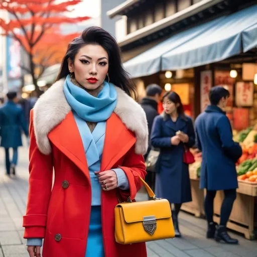 Prompt: Front view of an 25-year-old, muscular, gorgeous Japanese drag queen bodybuilder (very strong masculine jawline and brow features), elegant red wool coat with faux fur trim, light blue blouse, navy blue skirt, black leather stiletto high heel boots, vibrant yellow & orange silk scarf, navy shoulder bag, walking through a bustling Ginza Market in Tokyo, surrounded by colorful autumn leaves, bright sunlight casting warm tones, capturing the lively atmosphere of the marketplace, high detail & quality, 8K, professional photography.