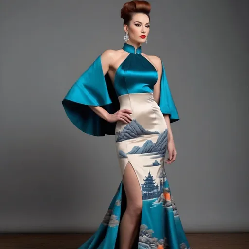 Prompt: The photo shows a gorgeous muscular 35-year-old Hungarian drag queen (masculine jawline and facial features) bodybuilder with large busom, dark orange updo hair, in a long, elegant gown. Here's a description:

The Gown: The dress is a floor-length A-line gown, featuring a beige or champagne-colored satin top with long, wide sleeves that extend almost to the floor, creating a cape-like effect. The skirt of the dress is adorned with a vibrant, artistic print depicting a landscape of teal and blue mountains in a style reminiscent of traditional Chinese ink wash painting. There are also what appear to be stylized Chinese seals or stamps incorporated into the design. The skirt has a subtle ruffled or tiered detailing at the hem. The neckline is high and closed, in a style similar to a mandarin collar.

The model: The model is poised and elegant, her hair neatly pulled back. She wears delicate earrings. She has dark eye makeup,  heavy mascara, and dark lipstick, which enhances her features.

The Setting: The background is a simple, dark red bubbles, which gives the gown and the model a striking contrast and prominence.
