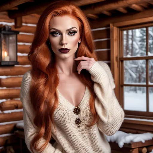 Prompt: Extremely beautiful, muscular 25-year-old Russian drag queen, detailed extremely long ginger hair, flawless skin, dark eye makeup, dark lipstick, detailed eyes, natural beauty, strong masculine jawline, form-fitting seasonal sweater, cozy modern log cabin interior background, winter season, realistic professional photography, high quality, detailed, realistic, cozy, ginger, long hair, flawless skin, candid moment, modern log cabin, seasonal sweater, detailed eyes, natural beauty, professional photography, winter season, cozy lighting