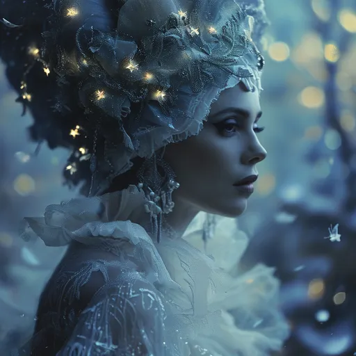 Prompt: (beautiful white Swedish drag queen) walking gracefully under a starlit sky, (melancholic mood), deep indigo and shimmering silver tones, soft ethereal glow, a delicate veil of night softly surrounding her, gentle whispers of a cool breeze, capturing a moment of quiet elegance, (highly detailed), enchanting landscape in the background, timeless and romantic atmosphere.