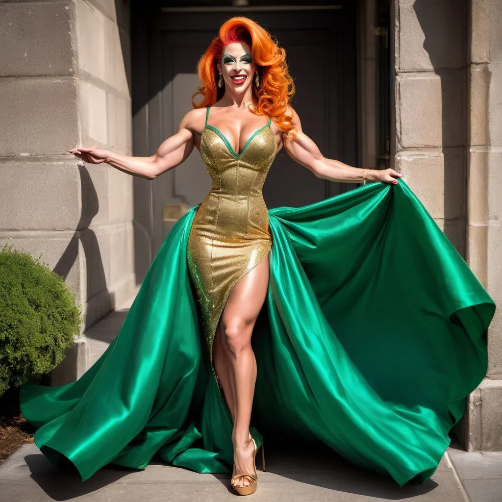 Prompt: Full body shot, a delighted muscular photo model, (> Spaghetti Straps Sweetheart Sleeveless Ball Gown Sparkly Formal Dress in emerald green <), (>dark orange hair with golden highlights her feet are wearing 8 inch stiletto high heel gold sandals <), (>beautiful and exuberant French drag queen bodybuilder <), (( in her hand she holds >a golden mobilei< )),((( Isolated white background ))) , ((((3D, ultra detailed, photorealistic, ultrarealistic, 32K, 18K, digital graphics, HD, HDR, UHDR))))