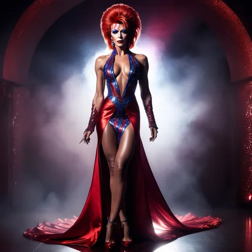 Prompt: If David Bowie was a gorgeous muscular drag queen (full length photo) with long muscular legs and a very muscular physique. Performing in a beautiful gown. Dark eye shadow, heavy mascara, and dark red lip stick.