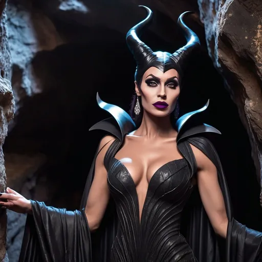 Prompt: What if Maleficent was a Gorgeous, very muscular, suntanned, 25-year-old, suntanned, Turkish drag queen (with strong masculine facial features, dark lipstick, huge busom, dark hair) standing in front of a dark cave. The cave appears to be a secret lair. The Atmosphere is sophisticated and joyful.