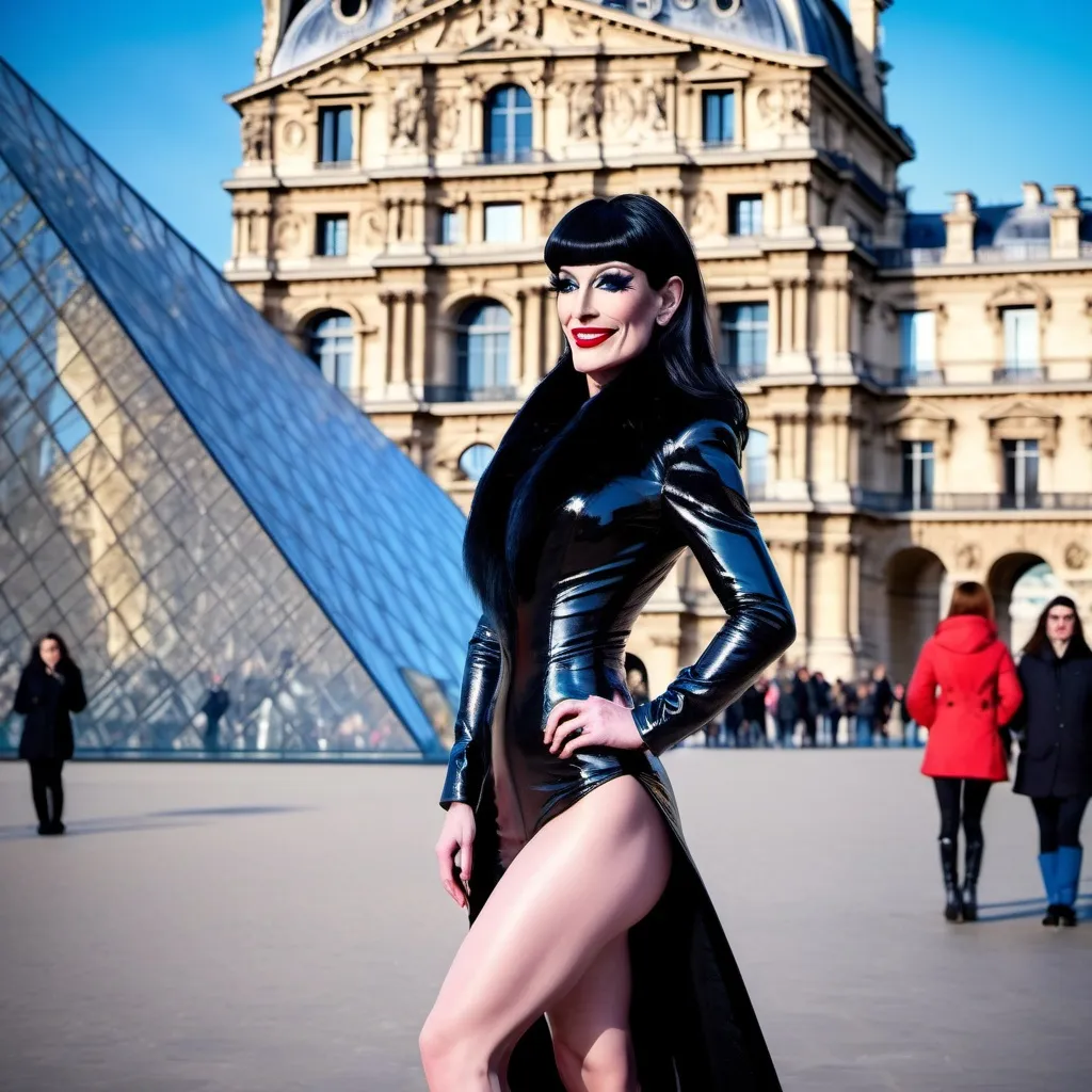 Prompt: (Stunning muscular 35-year-old caucasian French drag queen( with very strong masculine facial features)), walking on a (crisp winter day) in (Paris), with (The Louvre Pyramid) in the background, showcasing her elegant charm and beauty, warm friendly smile, (silky long straight shiny black bang cut hair), wearing a fashionable outfit with a (sky-blue & yellow herringbone tweed coat), bright (yellow blouse), stylish (white high-waisted jeans), and (tall stiletto brown suede boots), navy purse, featuring muscular figure, captured in (photorealistic 8k), emphasizing (high detail & quality). The ambiance is (charming) and (elegant).