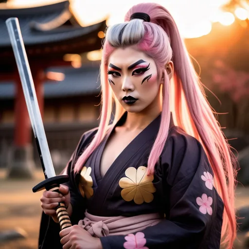 Prompt: A gorgeous muscular 21-year-old Japanese drag queen Samurai (dark eye makeup, dark lipstick, big busom, and platinum pink hair) wearing a traditional ancient Samurai yoroi and holding a katana in one hand, standing in a battle stance. 13th century Japan at sunset.