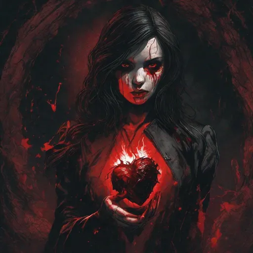 Prompt: From the depths of hell rises a female figure in black with a bloody human heart in her hand. 