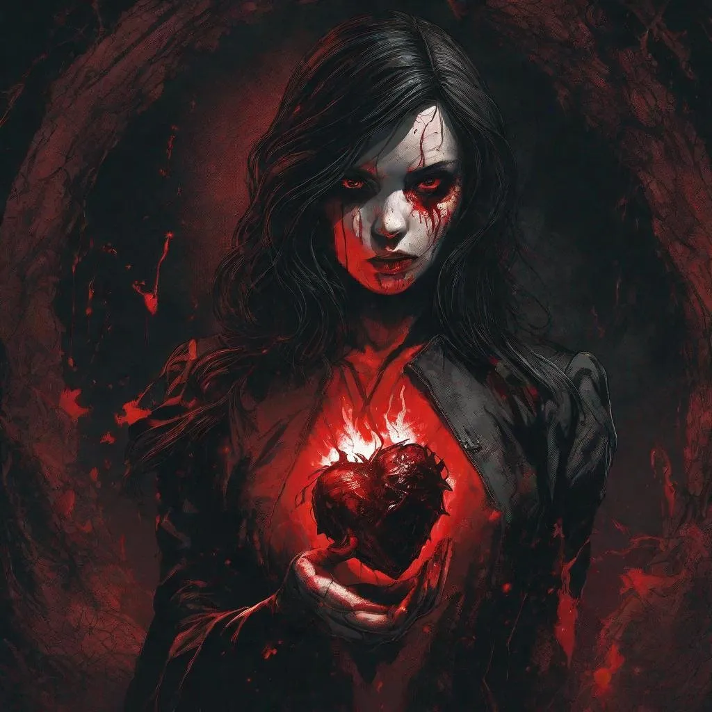 Prompt: From the depths of hell rises a female figure in black with a bloody human heart in her hand. 