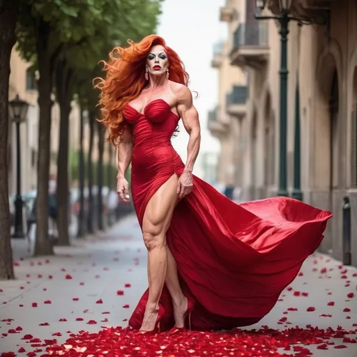 Prompt: Gorgeous ultra-muscular 25-year-old Italian drag queen bodybuilder with big busom and very long wavy red hair (((blowing in the wind))), wearing long red rose gown and 8 inch red stiletto high heel shoes, walking a path made of rose petals. 