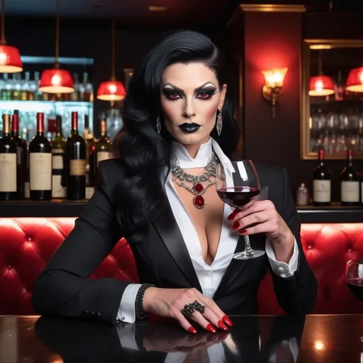 Prompt: A (strikingly beautiful muscular 35-year-old European drag queen), jet black hair, (vibrant red eyes), (large busom), sitting at a luxe lounge bar, (chalk white skin), (exotic features), (long black talon-like finger nails), wearing a (white blouse) and (black blazer), elegantly holding a glass of (blood red wine), adorned with a (jeweled scorpion choker), black bracelets with ruby gems, featuring a tuxedo clad bartender in the background, capturing rich ambiance with an air of danger & tension, (high detail), (soft light), (photorealistic), 8k resolution, sophisticated gothic atmosphere, pro cinematic photo quality, luxurious setting.