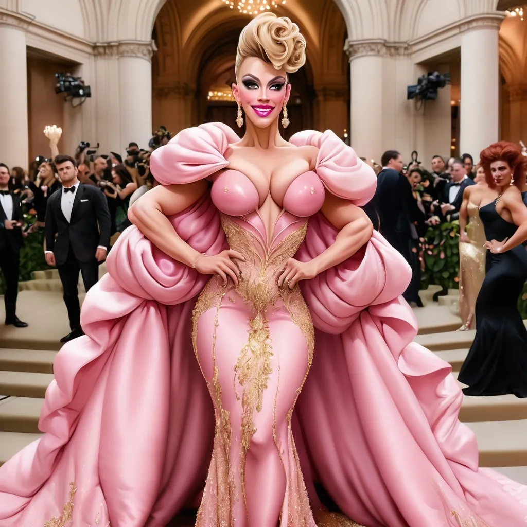 Prompt: Glamour photography of Gorgeous ultra-muscular 25-year-old (Caucasian) French drag queen bodybuilder with a huge busom, and very long wavy pink tight updo hair on the Met Gala steps in New York wearing designer pink and gold gown with long train, intricate details, glitter and jewels, posed 3/4 turn standing, smile, in the style of Guy Aroch