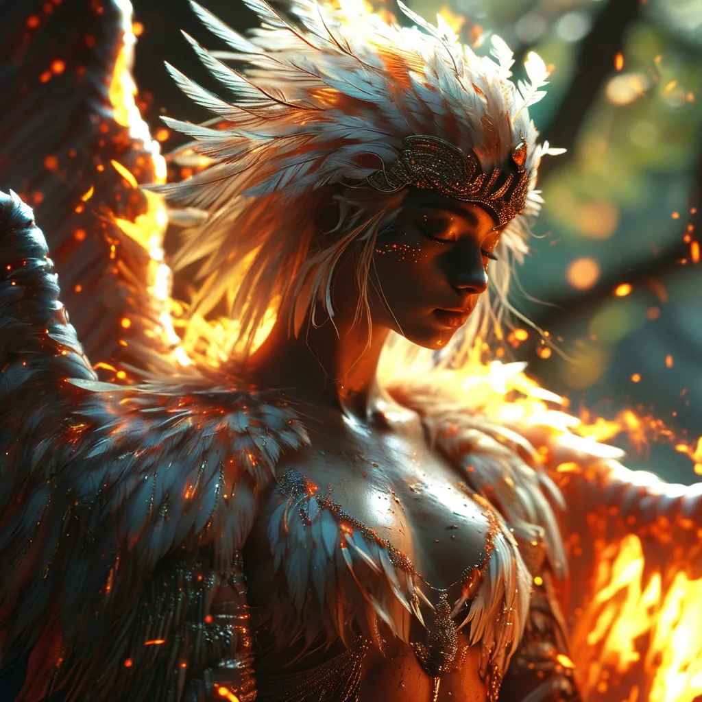 Prompt:  a flaming phoenix is perched on a 25-year-old goddess's shoulder. The 25-year-old goddess has clothes made of feathers and looks like a phoenix as a 25-year-old goddess. Full length. Muscular.