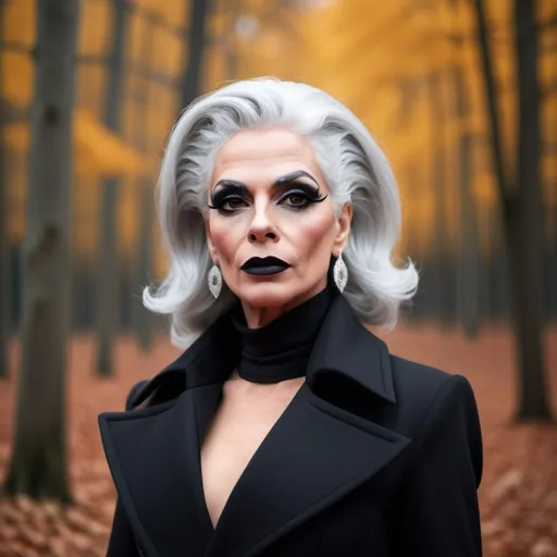 Prompt: Beautiful French drag queen, 45-year-old, silver hair, in autumn forest in black long fashion coat, dark eyeshadow and dark lipstick,  very strong masculine jawline and brow,.