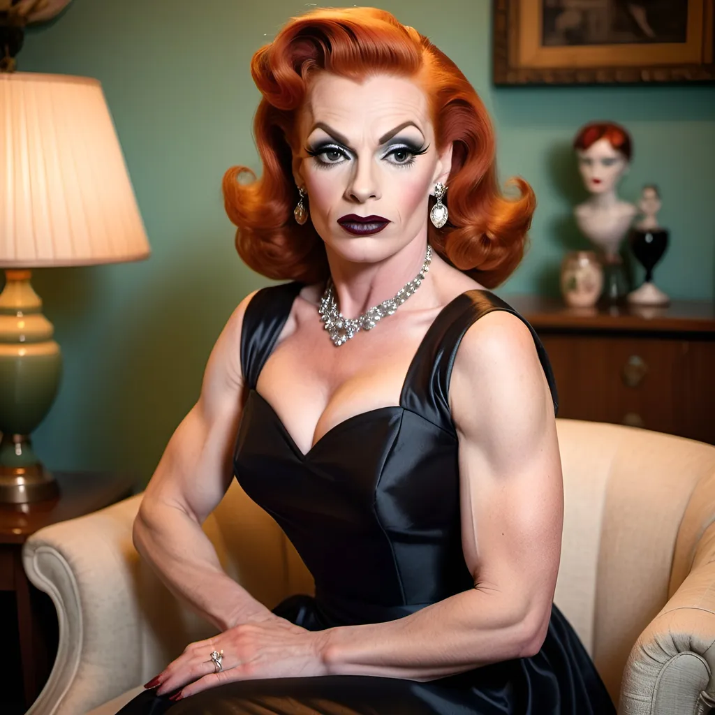 Prompt: A gorgeous muscular red-headed 40-year-old Czechian drag queen (((strong masculine jawline and brow))) housewife (((dark eyeshadow and dark lipstick))) in the 1950s wearing a solid sweetheart swing dress. Posing in the living room.