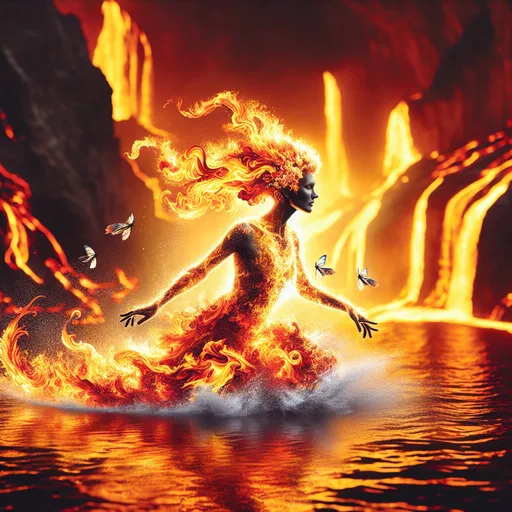 Prompt: Gorgeous ultra-muscular 25-year-old goddess made of fire swimming in a lake of lava. 