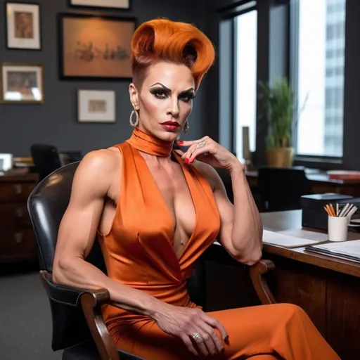 Prompt: A gorgeous muscular 35-year-old Hungarian drag queen (with strong masculine jawline and brow facial features) bodybuilder sitting in a guest chair in a company director's office. She is tall and muscular with  dark orange updo hair that cascades elegantly over her shoulders. Her eyes are sharp and piercing, radiating intelligence and mystery. Vermouth maintains a graceful posture, exuding confidence and poise as she sits in the chair. She is dressed in a sophisticated and fashionable outfit, perhaps a sleek dress or stylish pantsuit that accentuates her figure. In her hand, she holds a cigarette, adding a touch of allure and danger to her persona.