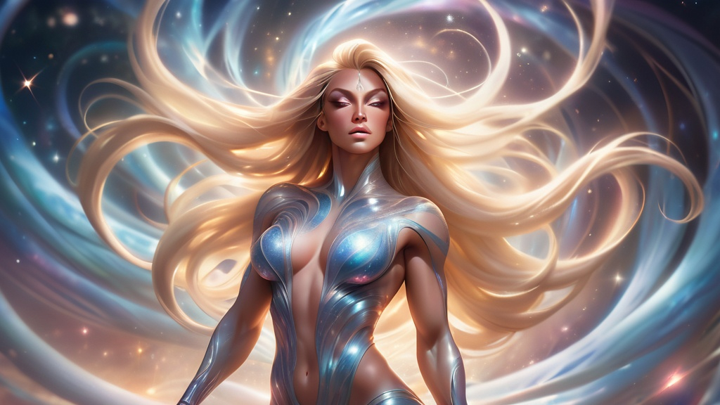 Prompt: A gorgeous ultra-muscular 25-year-old Czechian drag queen bodybuilder with very long straight shiny hair, bathed in ethereal light, surrounded by swirling patterns reminiscent of turbulent winds and celestial bodies. Within the chaos, there is a sense of calm determination in the subject's expression as they gaze upwards towards a distant point of light, representing their journey through adversity ("Per Aspera") towards the lofty heights of their aspirations ("ad Astra").