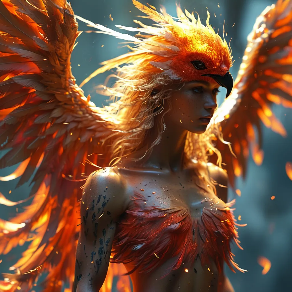 Prompt:  a flaming phoenix is perched on a 25-year-old goddess's shoulder. The 25-year-old goddess has clothes made of feathers and looks like a phoenix as a 25-year-old goddess. Full length. Muscular.