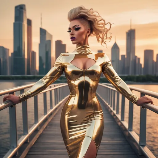 Prompt: A gorgeous muscular 25-year-old Slovenian drag queen bodybuilder in a shiny gold dress walking across a bridge in front of a city skyline with skyscrapers at sunset, Alena Aenami, retrofuturism, synthwave style, cyberpunk art