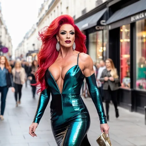 Prompt: Tall gorgeous muscular 35-year-old French drag queen bodybuilder (dark eyeshadow, 
dark lipstick, big busom, long fliwing red hair) walking down the high street, detailed colorful clothing, 8 inch stiletto high heel shoes, realistic, natural lighting,